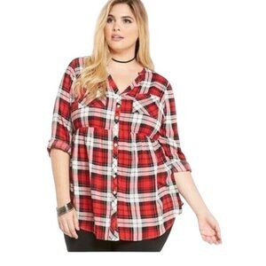 TORRID Challis Plaid Button-Down Tunic Shirt Chest Pockets  High-Low Hemline Wom